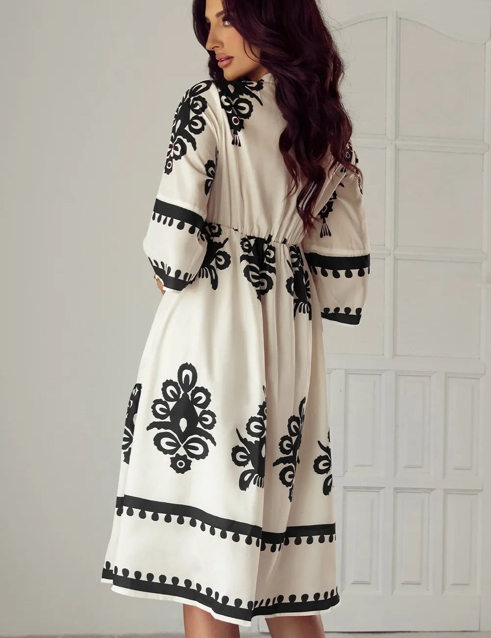 White black embroidered floral coat on printed half sleeve knee length dress