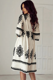 White black embroidered floral coat on printed half sleeve knee length dress