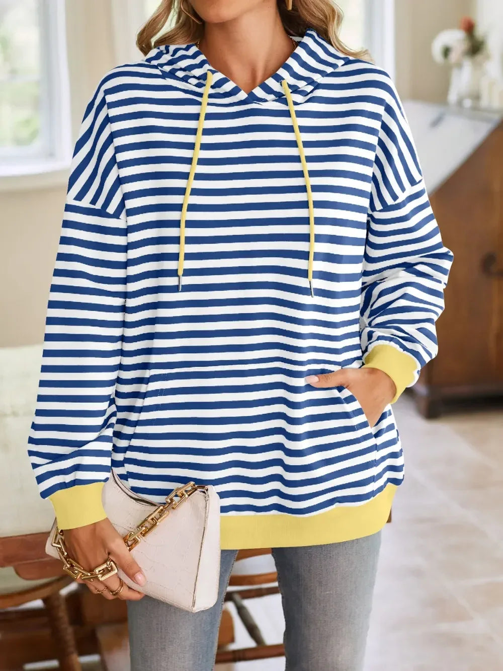 Lovelet Drawstring Striped Long Sleeve Hoodie - DAVERRI FASHIONS