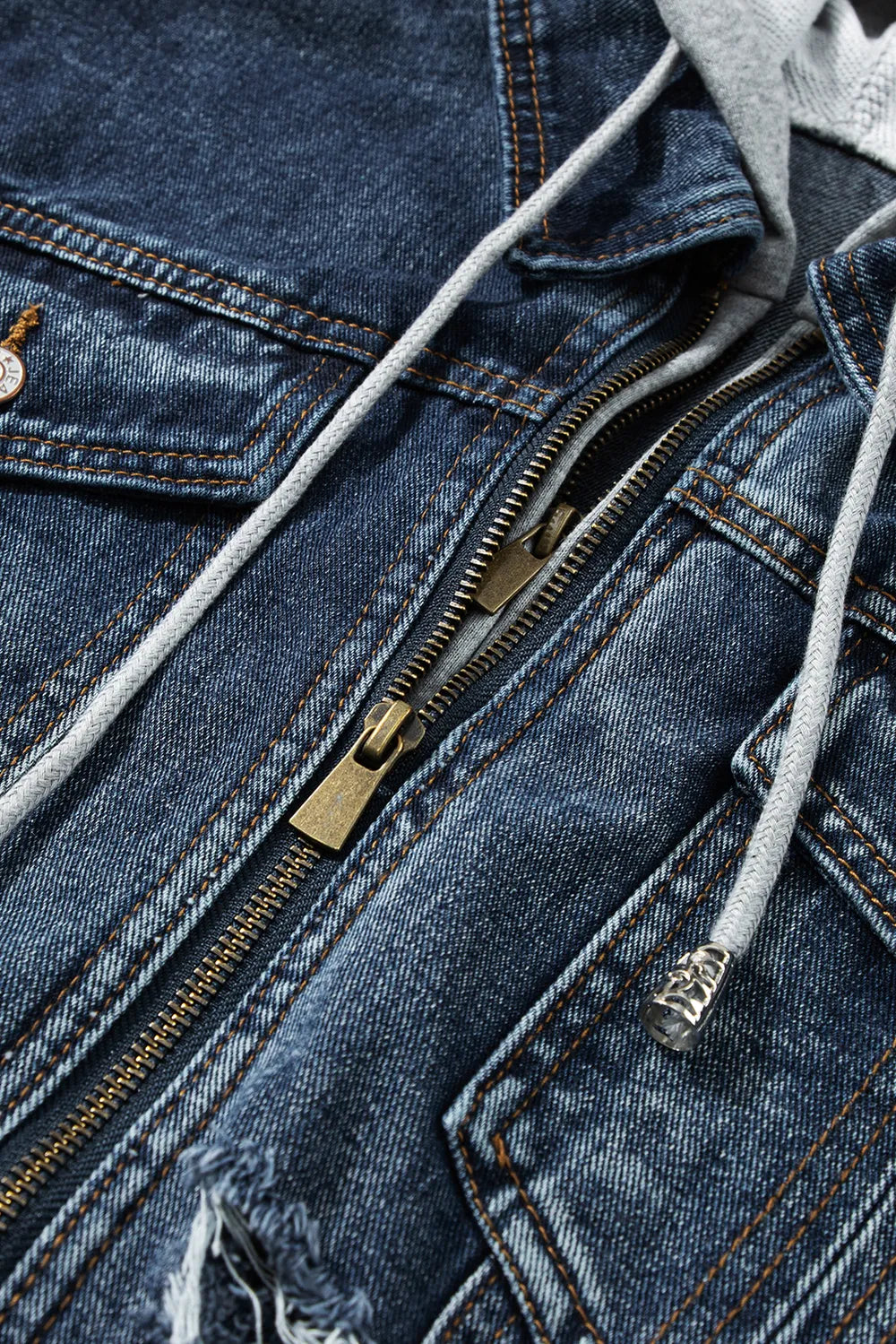 Faux Two-Piece Hooded Zip-Up Denim Jacket | Denim Jackets Daverri Fashions