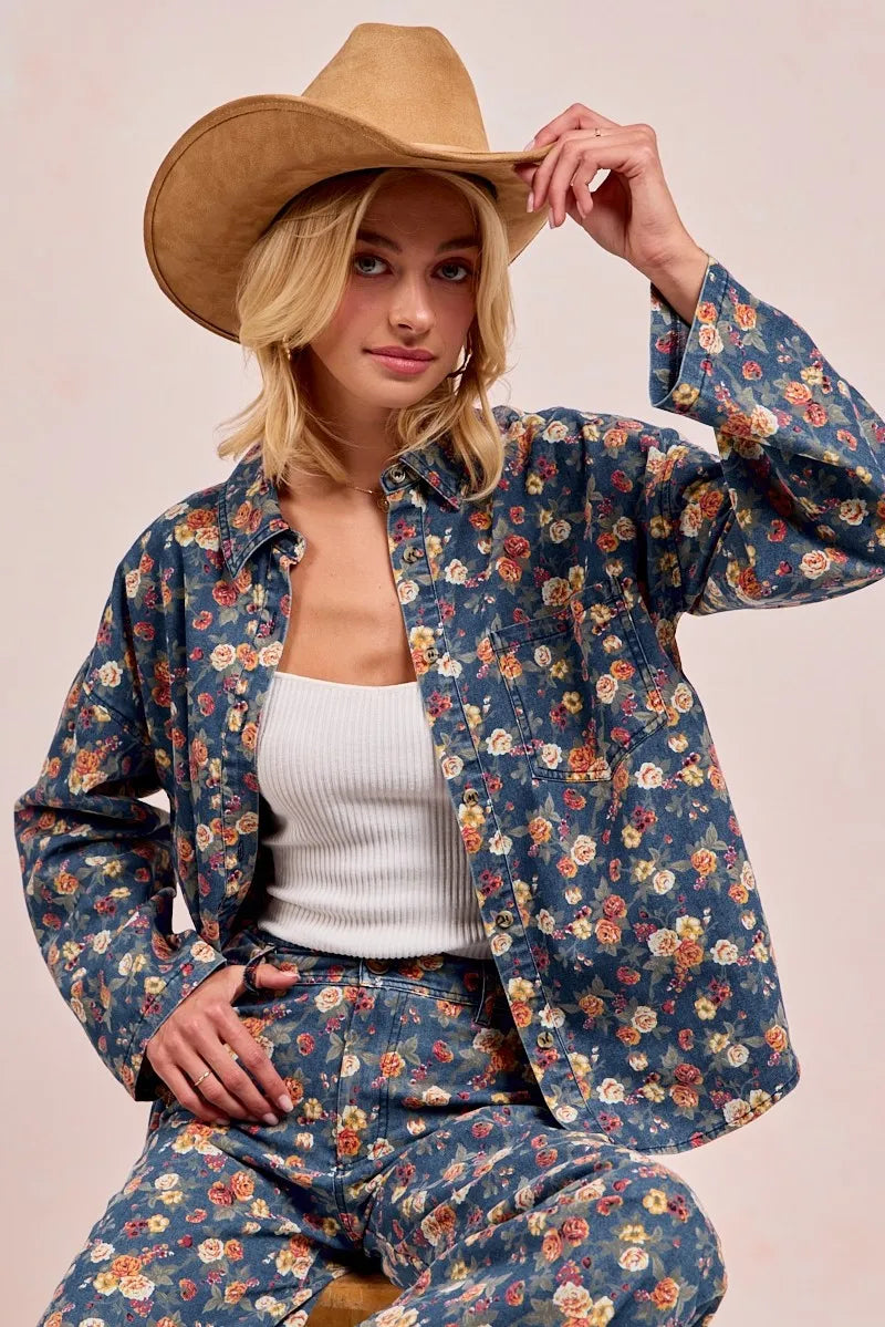 BiBi Washed Floral Print Denim Jacket Shackets