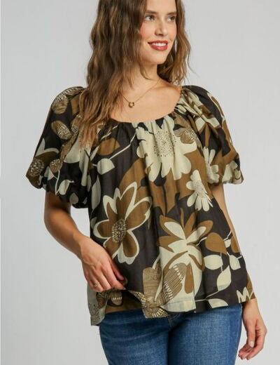 Umgee Full Size Print Round Neck Puff Sleeve Top Plus Size CAMEL MIX Tops