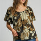 Umgee Full Size Print Round Neck Puff Sleeve Top Plus Size CAMEL MIX Tops