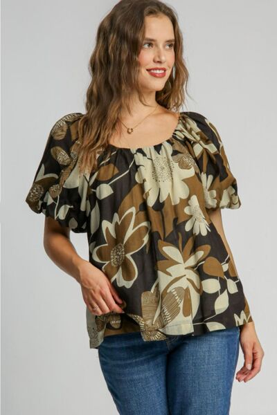 Umgee Full Size Print Round Neck Puff Sleeve Top Plus Size CAMEL MIX Tops