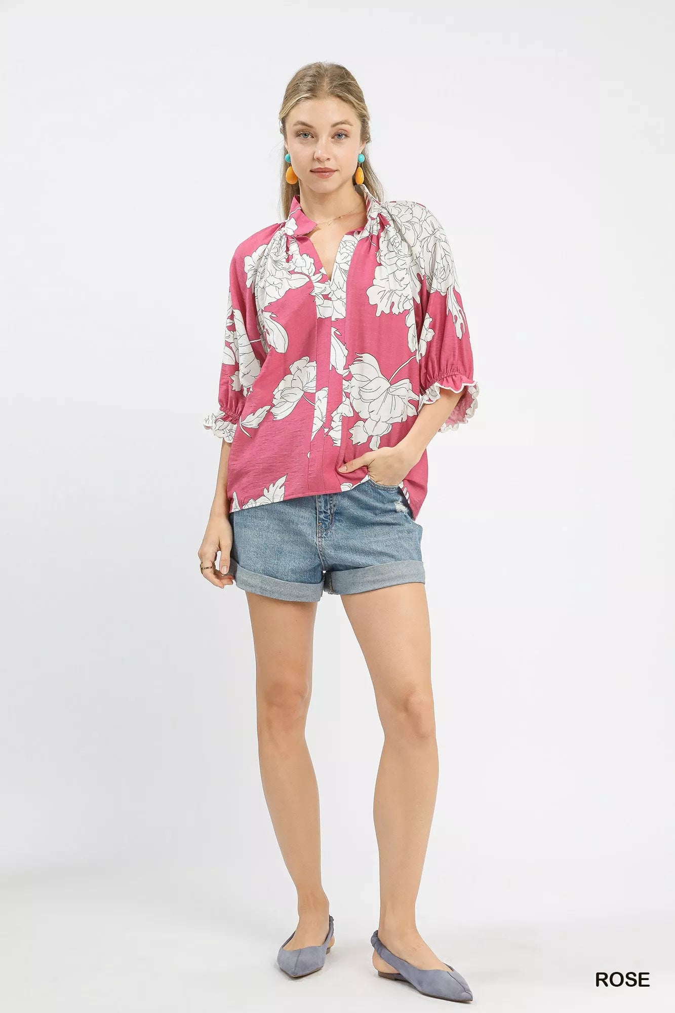 Umgee Peony Illustration Print Flounce Sleeve Blouse | Blouses Daverri Fashions