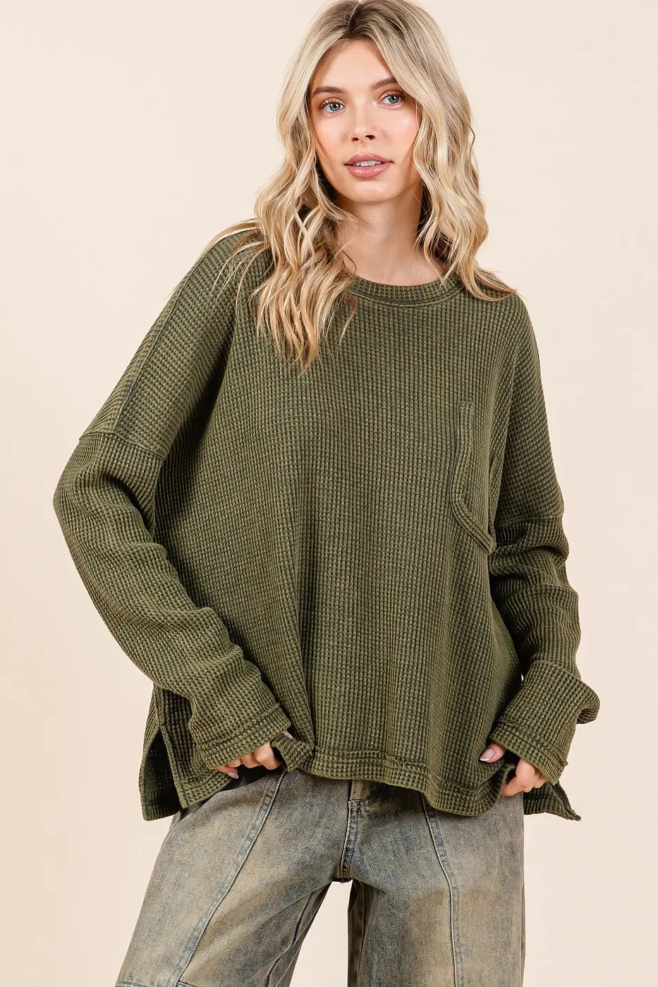 Mittoshop Mineral Wash Cutout Pocket Long Sleeve Waffle Top | Tops Daverri Fashions