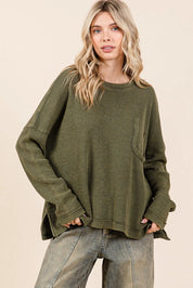 Mittoshop Mineral Wash Cutout Pocket Long Sleeve Waffle Top | Tops Daverri Fashions