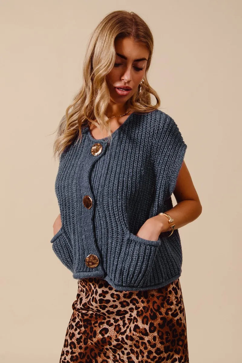 SO ME Big Metal Button Front Sweater Vest Sweater Vests