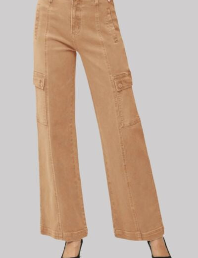 RISEN Full Size High Rise Wide Leg Cargo Jeans Cocoa