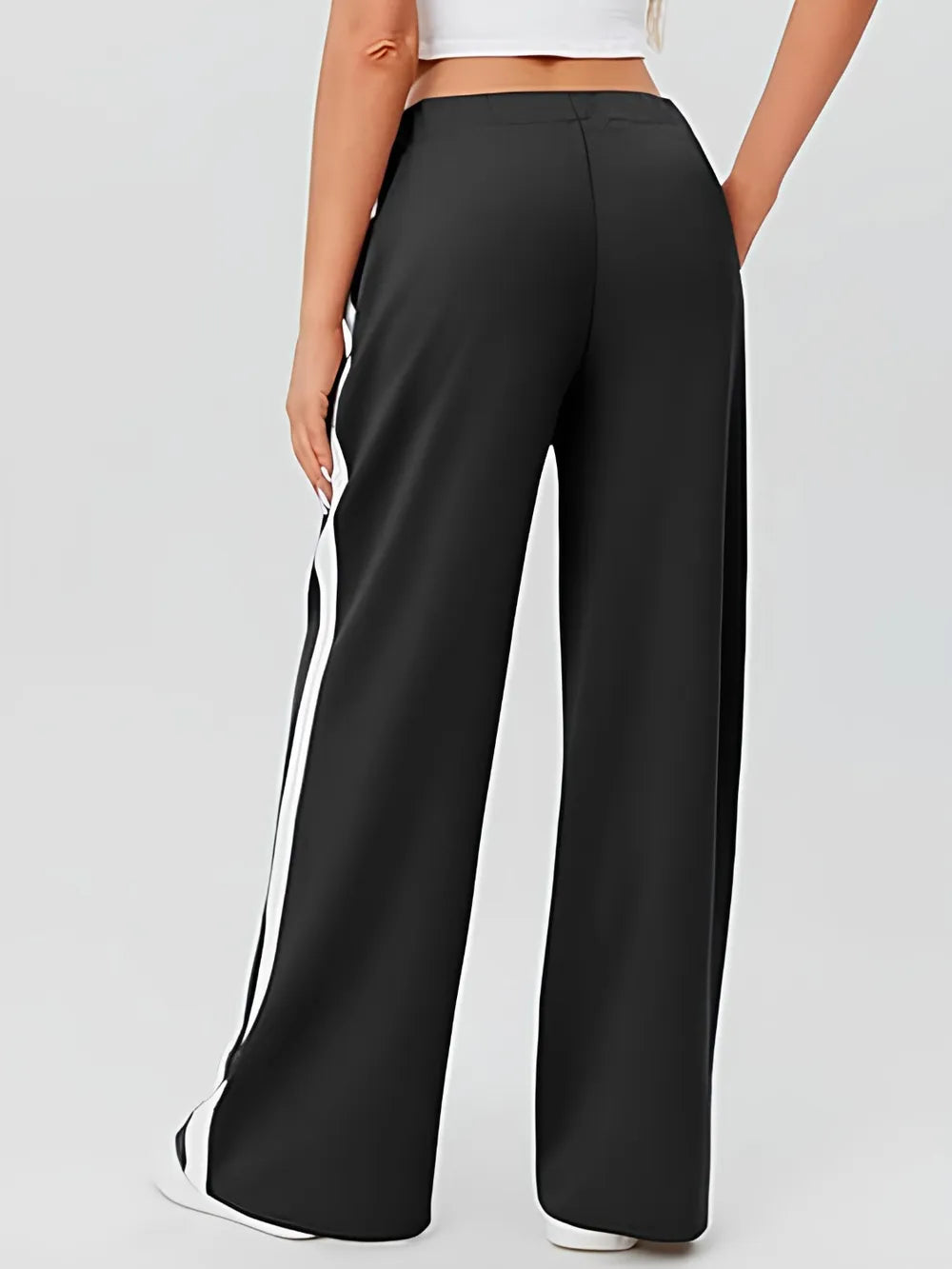 Black wide-leg track pants with white side stripes, Side Striped Wide Leg Pants