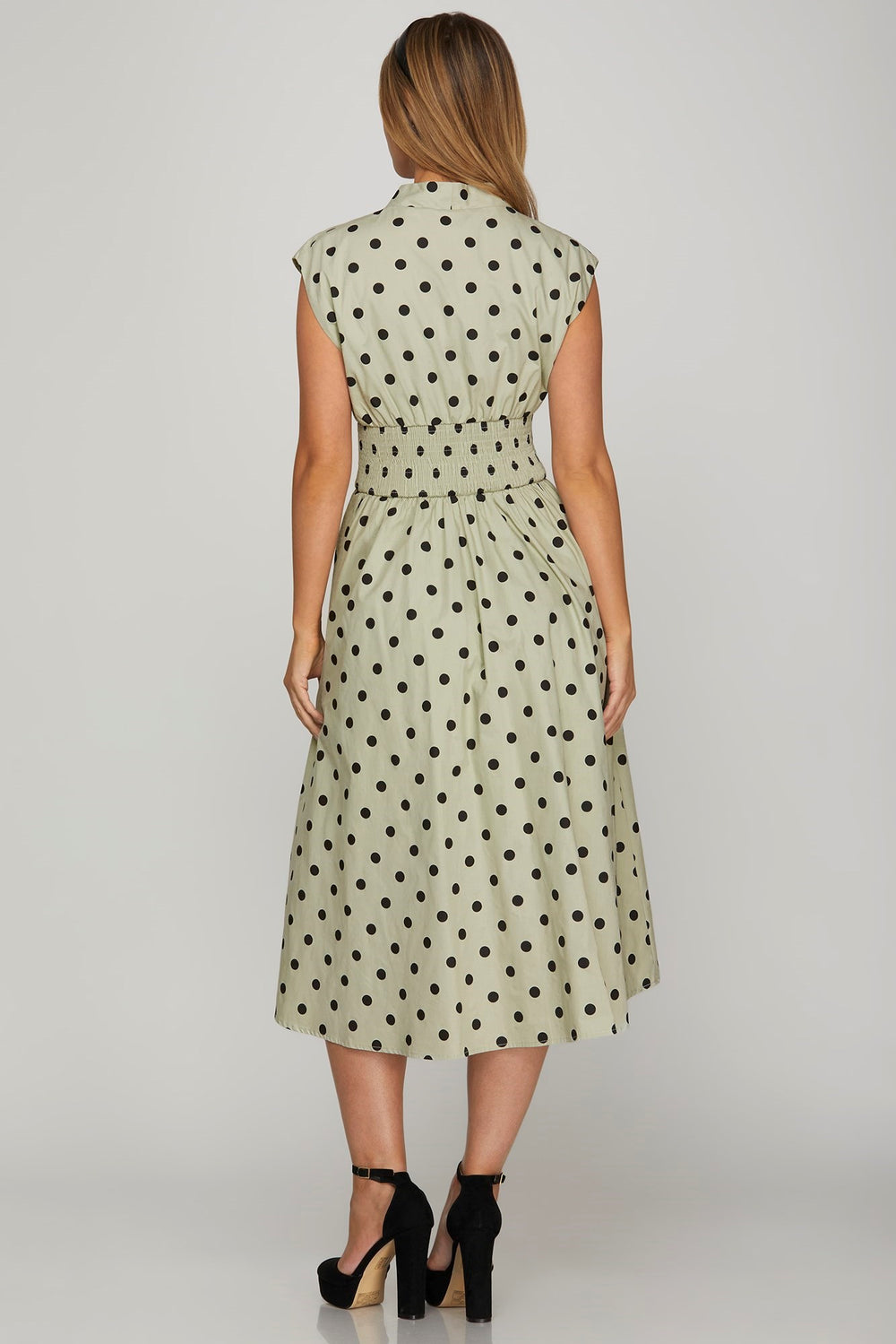 She + Sky Front Zip Polka Dots Cap Sleeve Midi Dress Midi Dresses