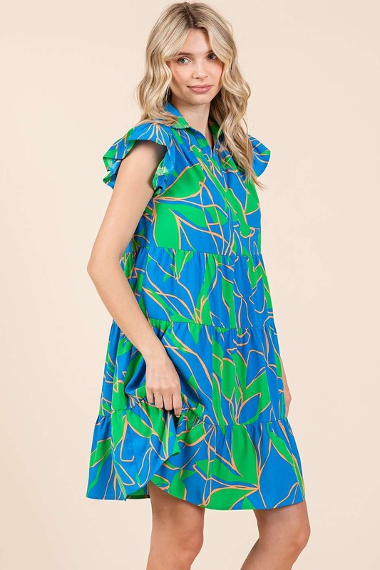 Mittoshop Leaf Print Ruffle Sleeve Tiered Mini Dress