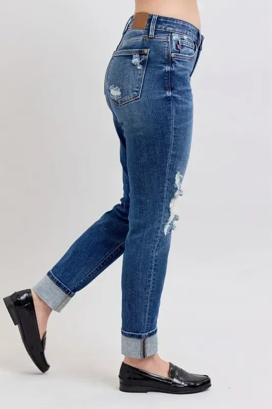 Judy Blue Full Size Mid Rise Boyfriend destroy Jeans with Yoke Pockets and Faux Selvedge Cuff Plus Size - DAVERRI FASHIONS