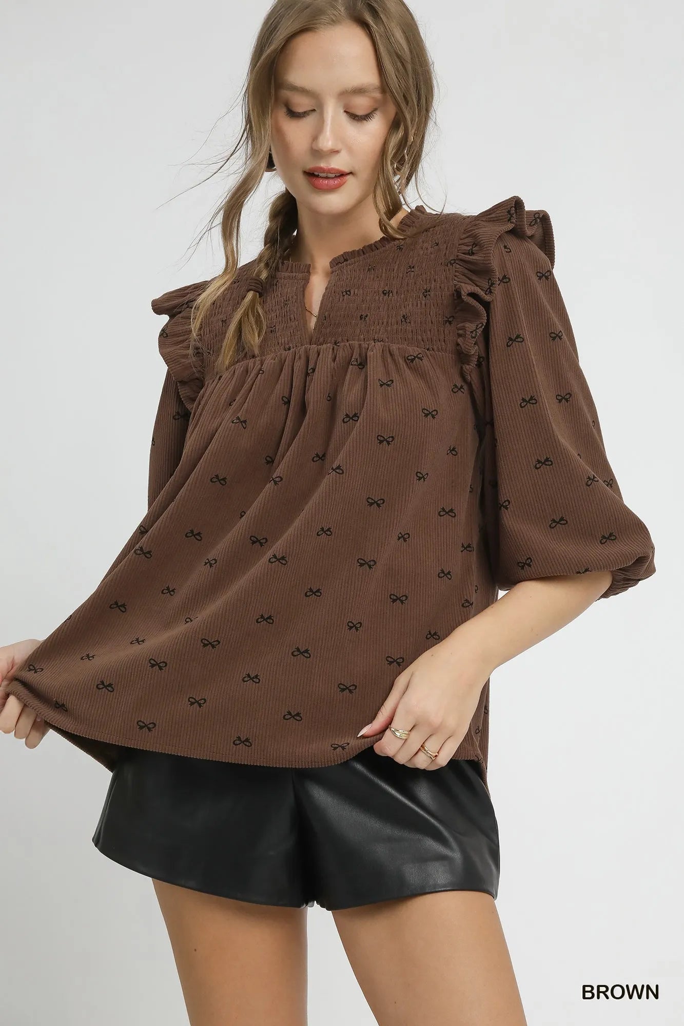 Umgee Bow Print Corduroy Puff Sleeve Blouse with Ruffled Blouses