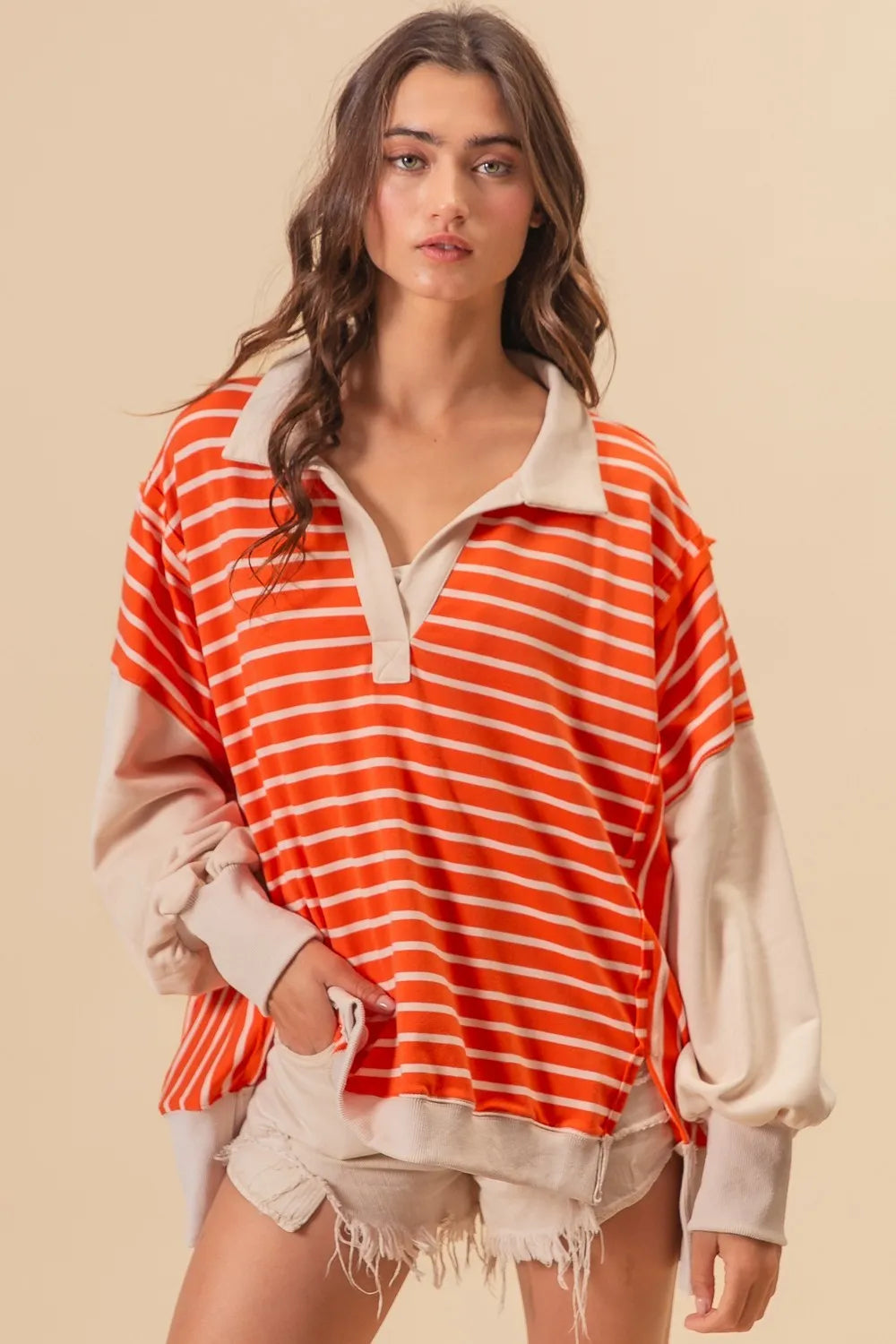 BiBi Stripe Knit Loose Fit Top With Cut Edge Detail Tops