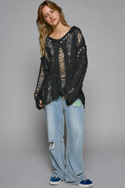 POL Distressed Dropped Shoulder Long Sleeve Knit Top Black