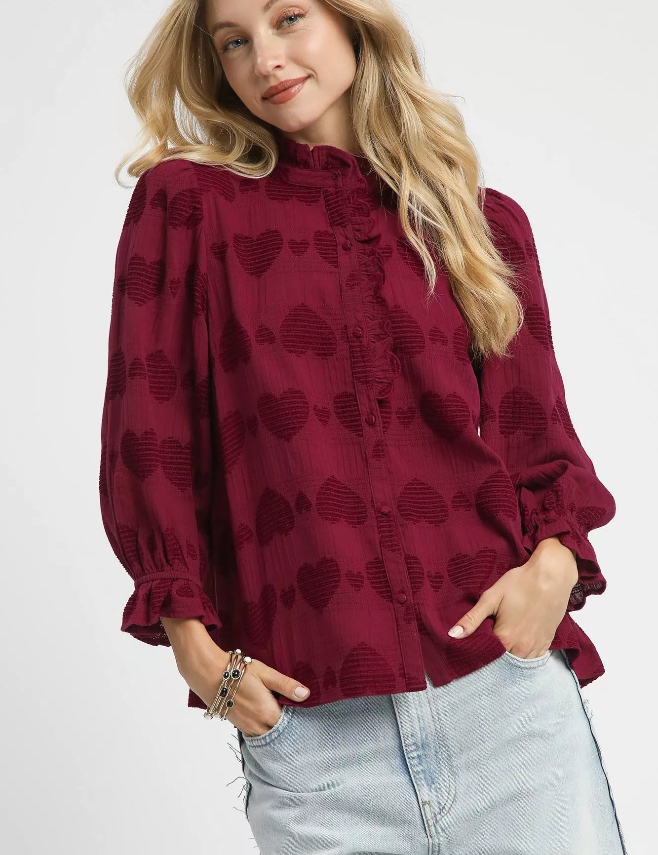WINE Umgee Heart Jacquard Ruffle Trim Shirt | Shirts Daverri Fashions