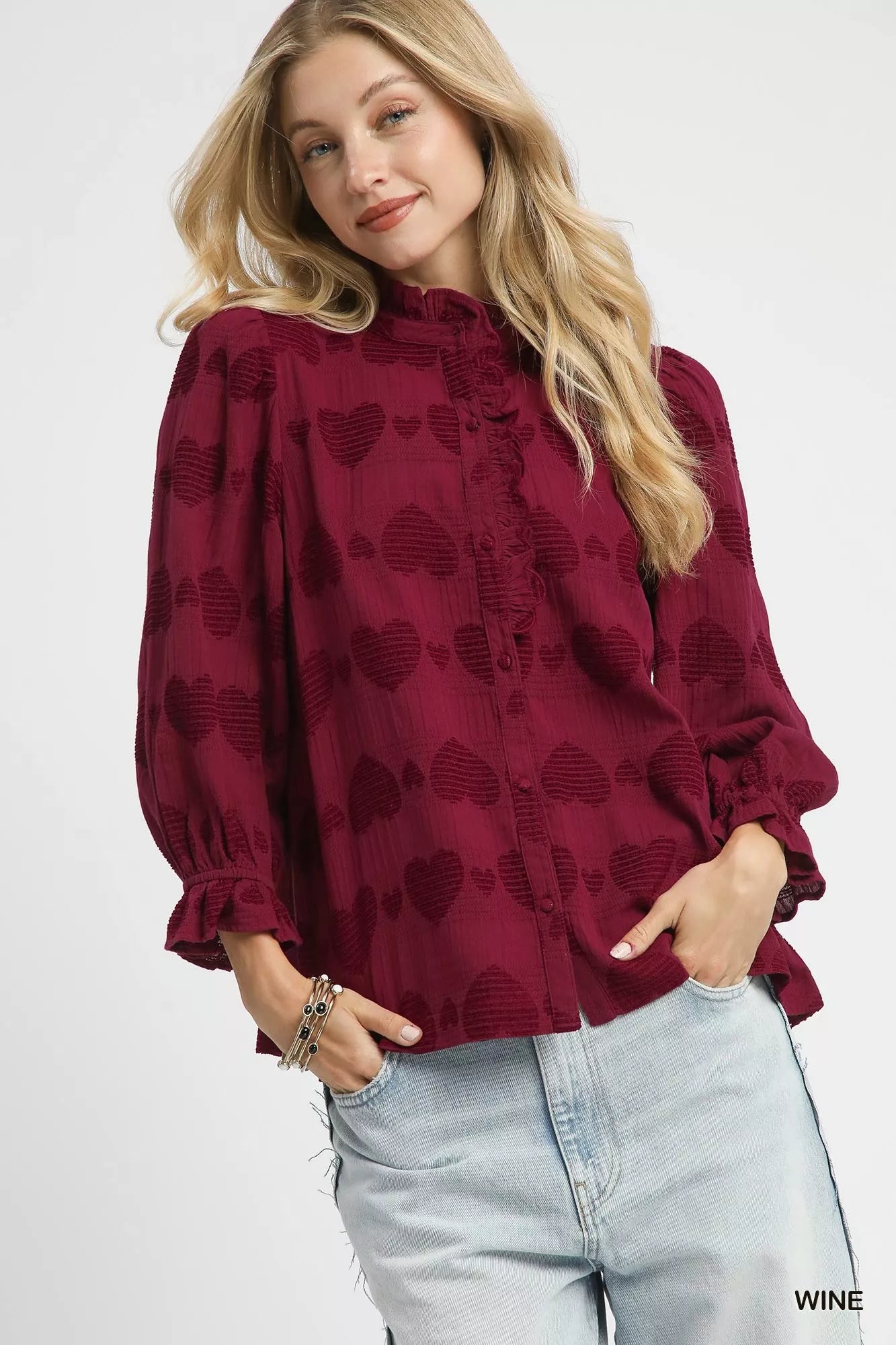 WINE Umgee Heart Jacquard Ruffle Trim Shirt | Shirts Daverri Fashions