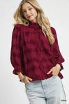 Umgee Heart Jacquard Ruffle Trim Shirt - DAVERRI FASHIONS