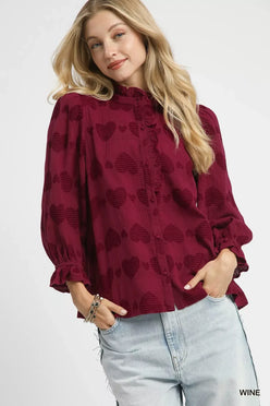 Umgee Heart Jacquard Ruffle Trim Shirt - DAVERRI FASHIONS