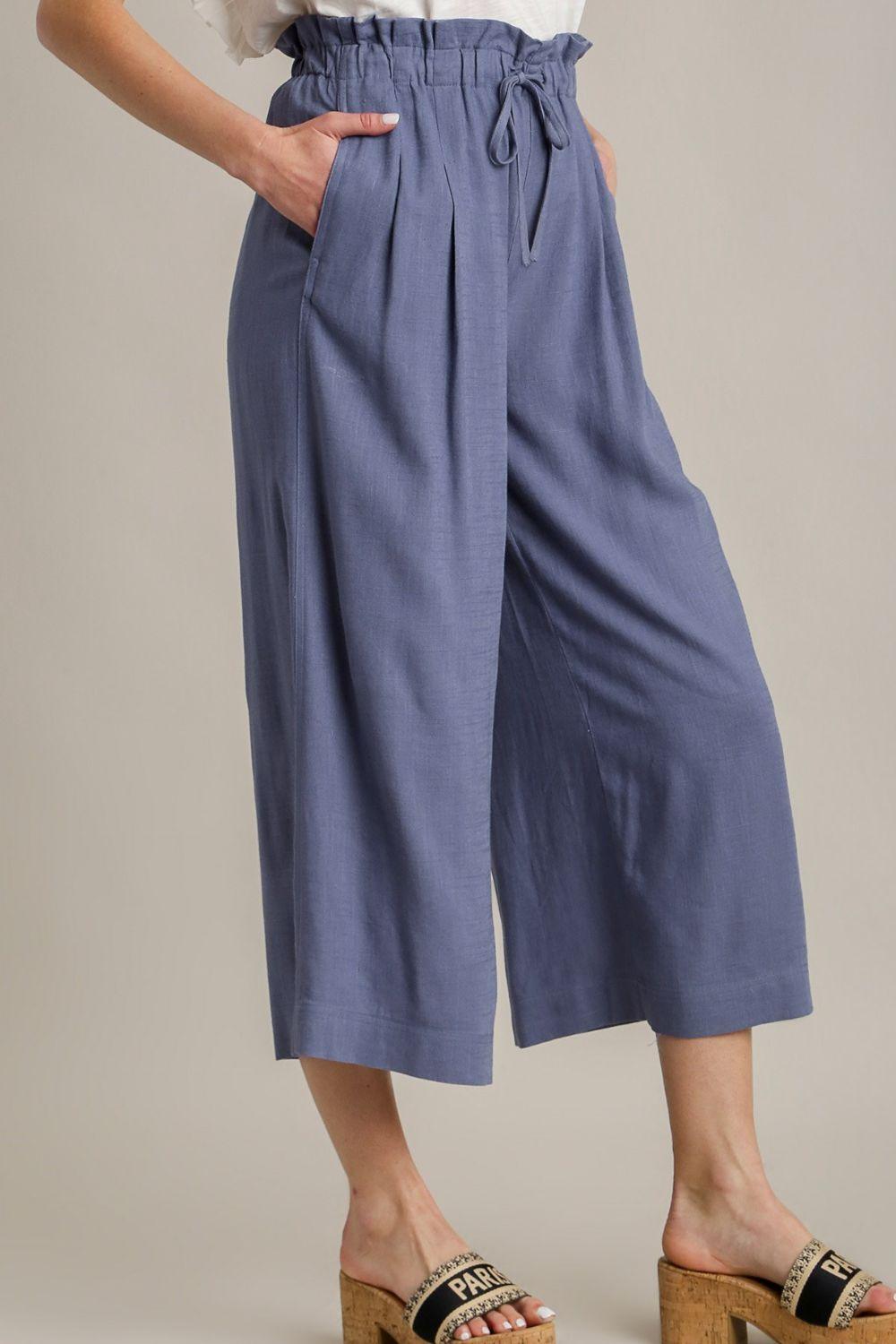 Umgee Full Size Linen Wide Fit Pants with Drawstring Plus Size Pants
