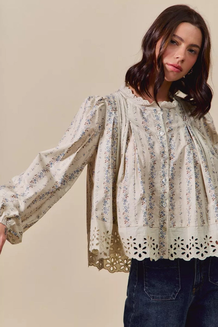 SO ME Floral Print Lace Button Down Shirt | Daverri Fashions