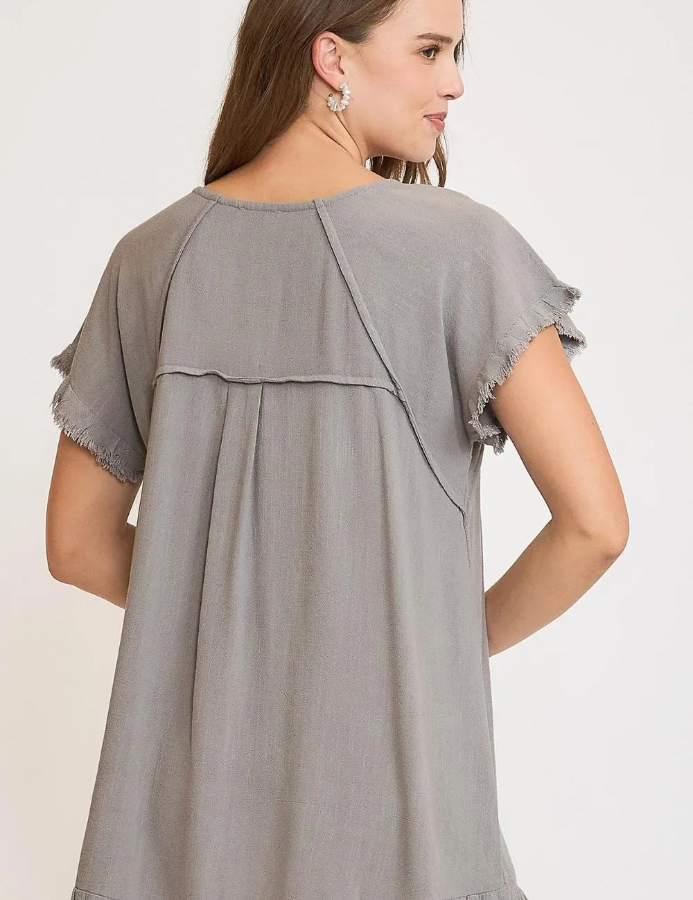 Umgee Full Size Seam Detail Linen Ruffle Fringe Edge Top Plus Size | Daverri Fashions