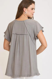 Umgee Full Size Seam Detail Linen Ruffle Fringe Edge Top Plus Size | Daverri Fashions