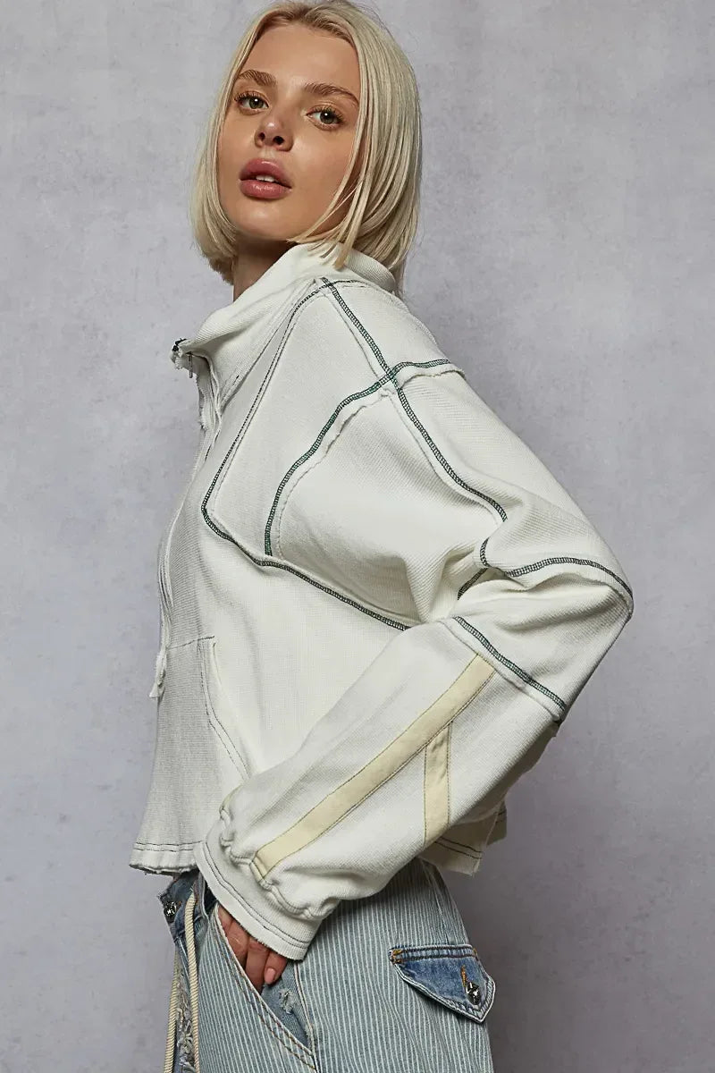 POL Contrast Stitching Zip Front Sweatshirt - DAVERRI FASHIONS