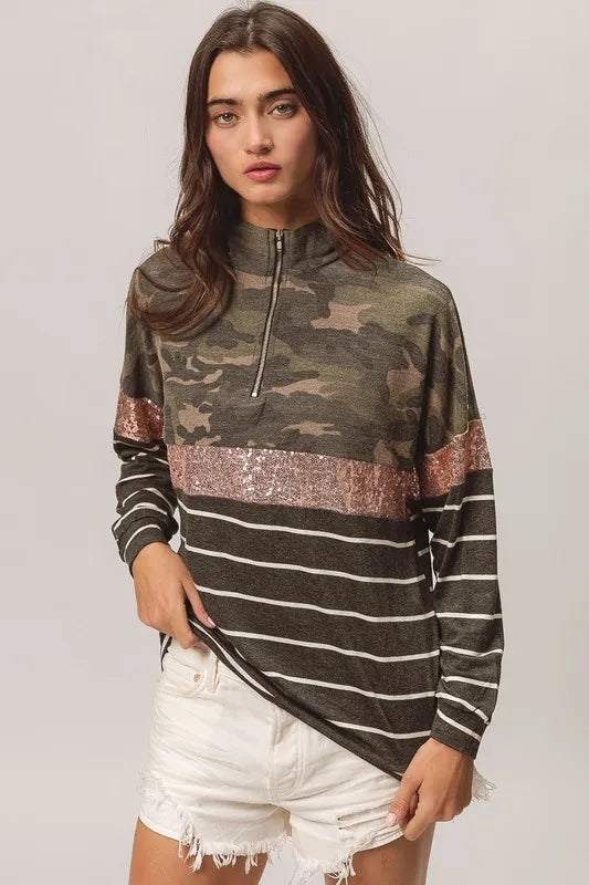 BiBi Camouflage French Terry Knit Top