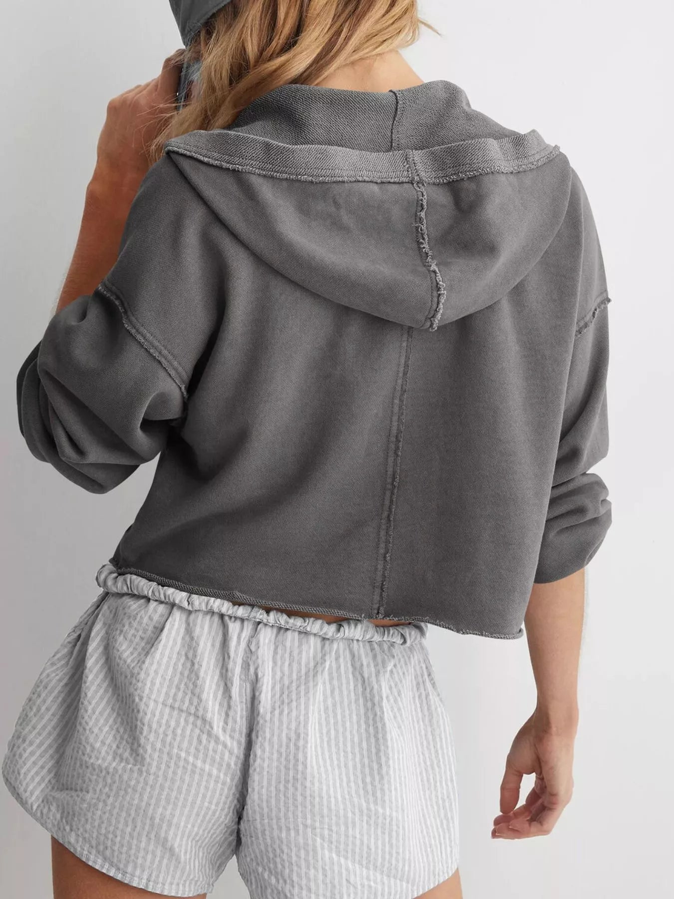Gray Exposed Seam Dropped Shoulder Hoodie with frayed hem and sleeves