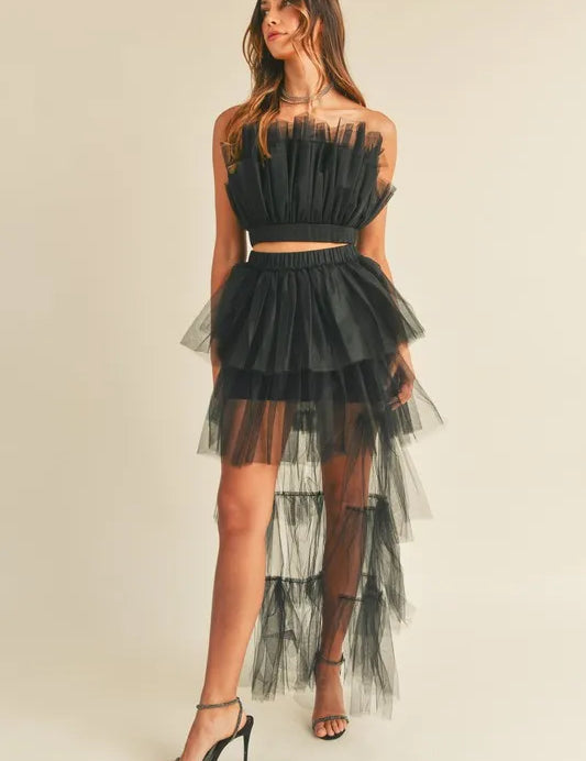 MABLE Tulle Tube Ruffle Crop Top and High Low Maxi Skirt Set | Outfit Sets Daverri Fashions