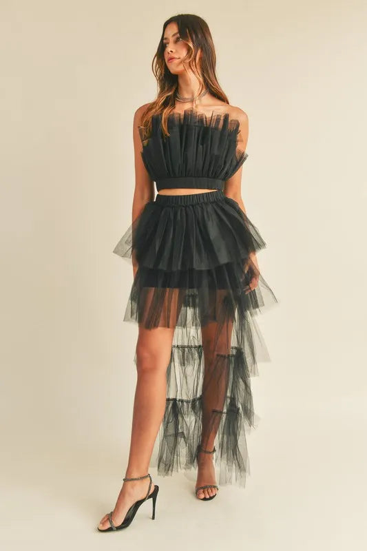MABLE Tulle Tube Ruffle Crop Top and High Low Maxi Skirt Set Skirt Sets