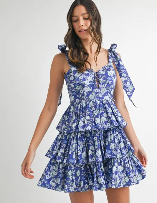 MABLE Floral Print Shoulder Tie Layered Mini Dress | Daverri Fashions