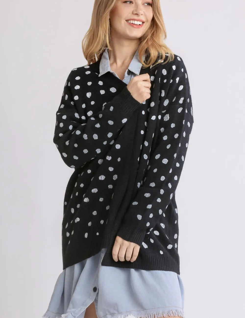 Black Umgee Polka Dot Open Front Drop Shoulder Cardigan | Daverri Fashions