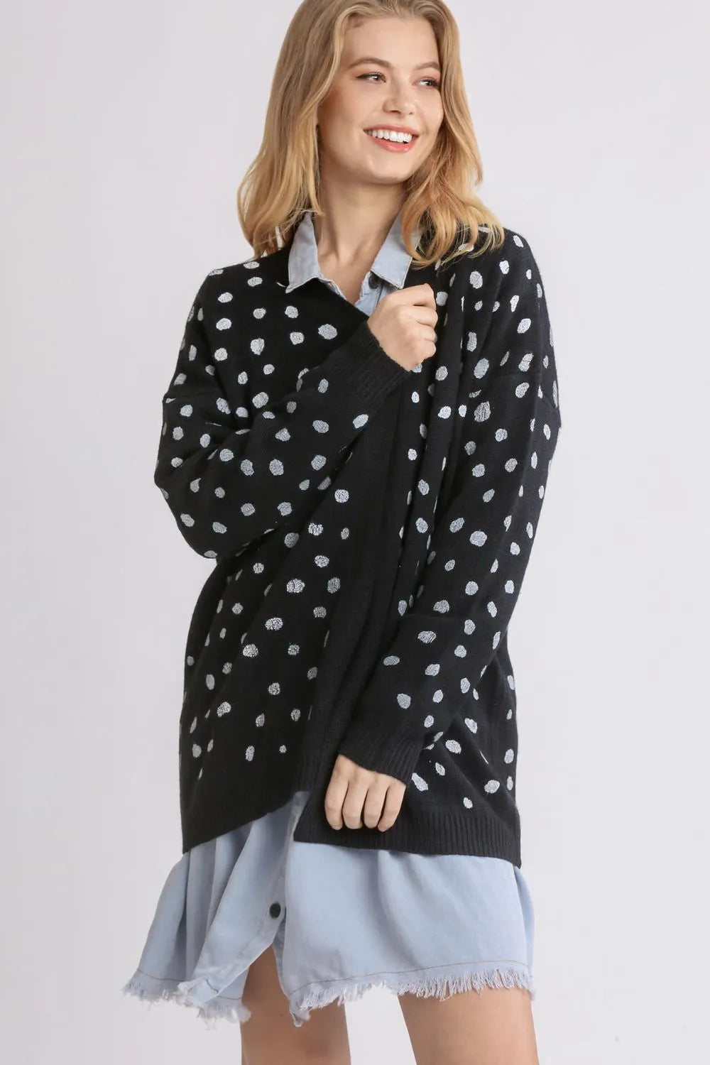 Umgee Polka Dot Open Front Drop Shoulder Cardigan Black