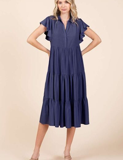 Mittoshop Ruffle Sleeve Collared V Neck Tiered Midi Dress