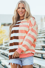 Brown Stripe Color Block Drop Shoulder Pullover Sweatshirt | Sweatshirts Daverri Fashions
