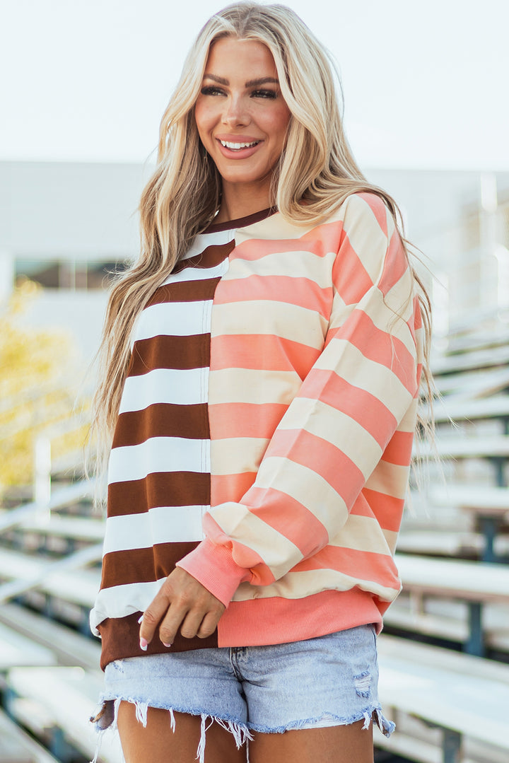 Brown Stripe Color Block Drop Shoulder Pullover Sweatshirt | Sweatshirts Daverri Fashions