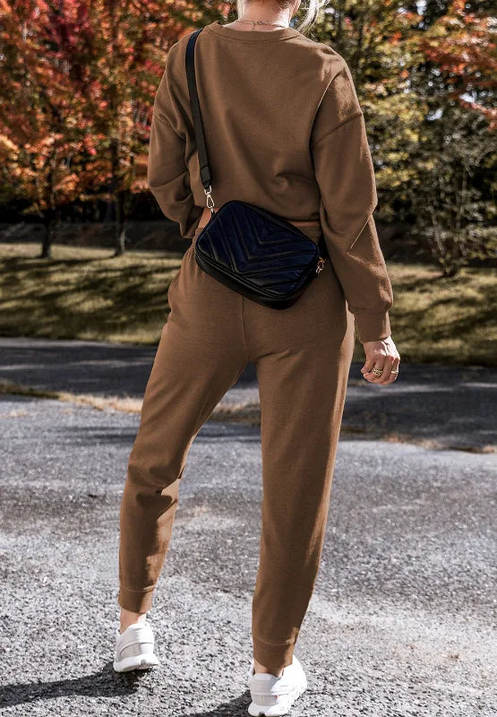 Side Slit Round Neck Long Sleeve Top and Pants Set | Loungewear Sets Daverri Fashions