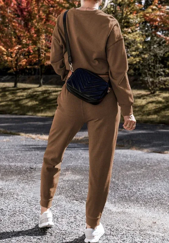 Side Slit Round Neck Long Sleeve Top and Pants Set - DAVERRI FASHIONS