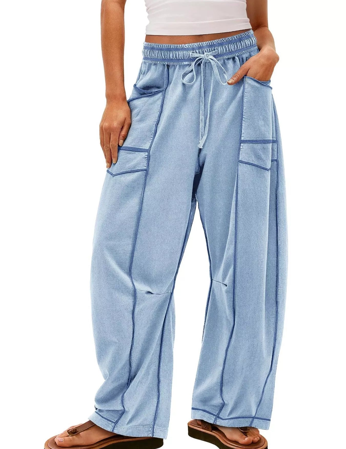 Light Blue Drawstring Wide Leg Elastic Waist Pants | Pants Daverri Fashions