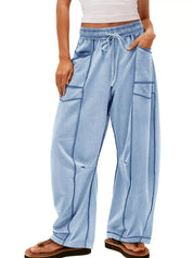 Light Blue Drawstring Wide Leg Elastic Waist Pants | Pants Daverri Fashions