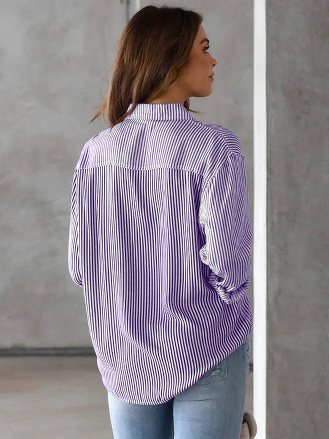 Lovelet Striped Collared Neck Shirt with Pocket - DAVERRI FASHIONS