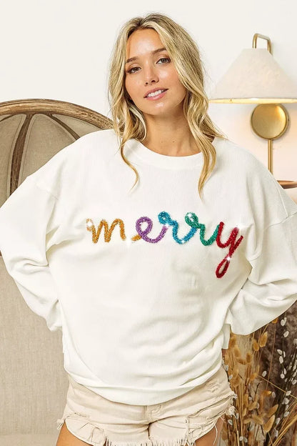 BiBi Merry Tinsel Lettering Drop Shoulder Sweatshirt - DAVERRI FASHIONS