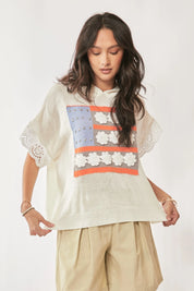 Davi & Dani American Flag Loose Fit Lace Sleeve Hoodie Top | Tops Daverri Fashions
