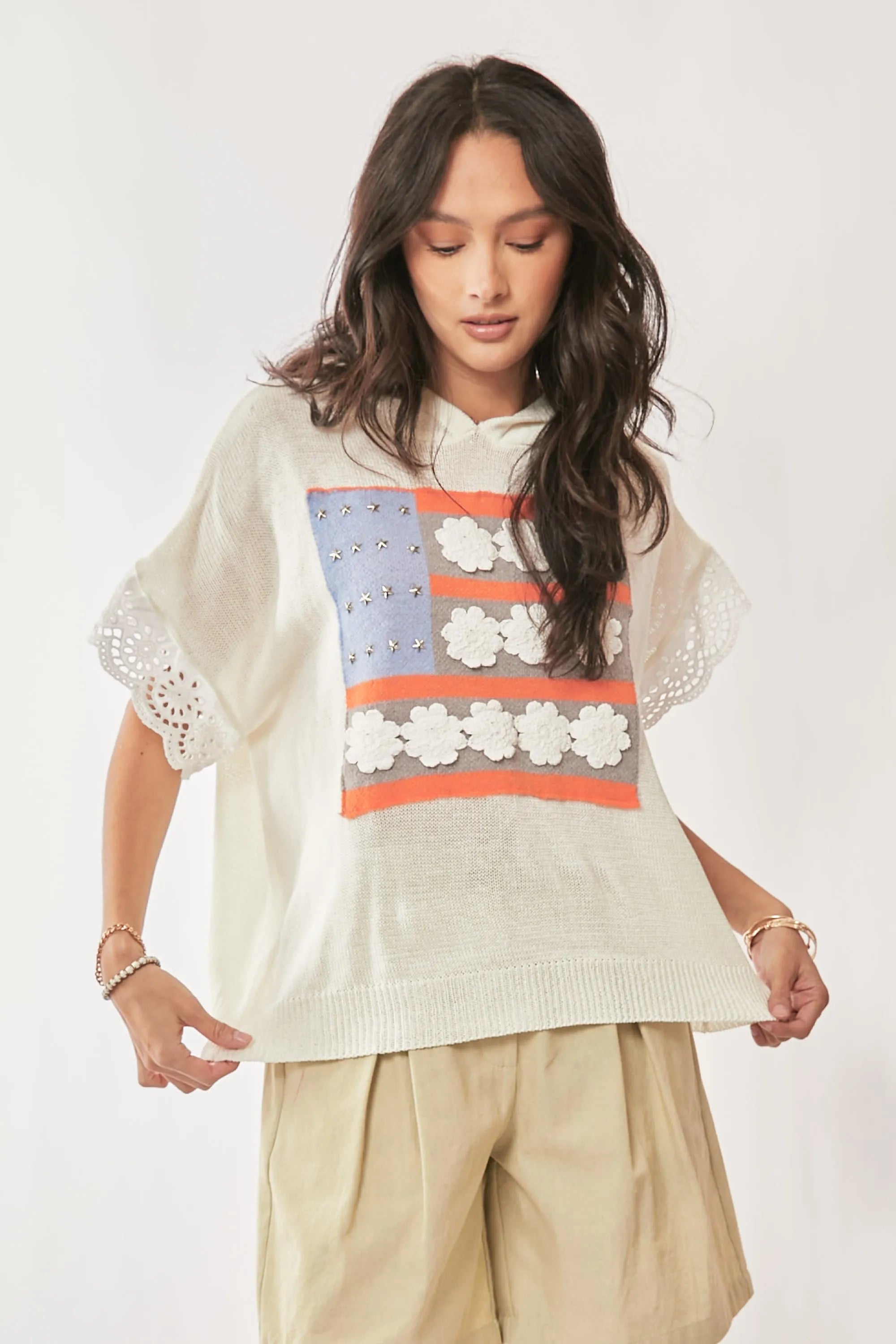 Davi & Dani American Flag Loose Fit Lace Sleeve Hoodie Top | Tops Daverri Fashions