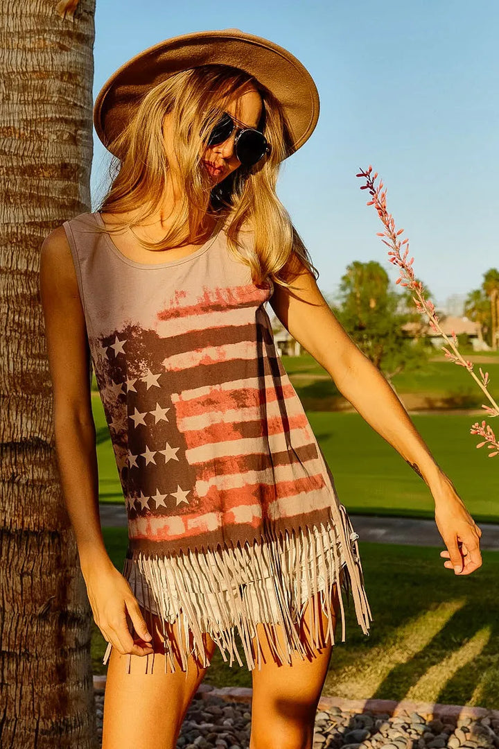 BiBi American Flag Print Knit Sleeveless Top Tank Tops