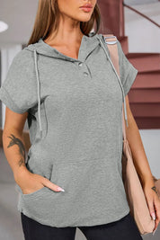 Grey drawstring quarter snap cap sleeve hoodie with mesh sleeve panel