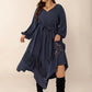 Plus Size Lace Detail Tie Neck Long Sleeve Midi Dress - DAVERRI FASHIONS
